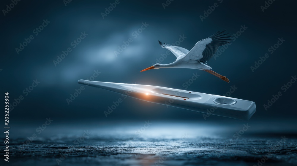 Naklejka premium A crane bird flies gracefully above a futuristic metallic object hovering over water under a moody, dark sky.
