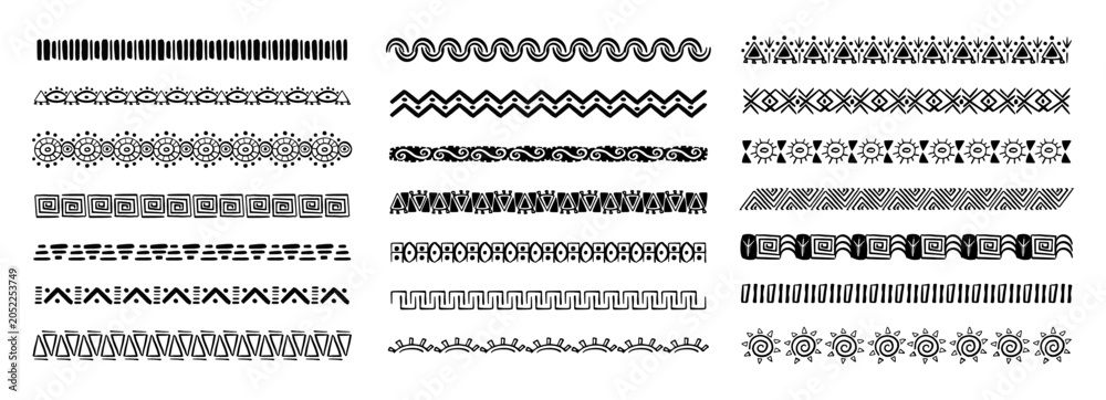 Fototapeta premium Borders in Ethnic Style. Aztec dividers, hand drawn tribal ornament. Hand drawn motive, doodle decoration. Boho stroke, scandinavian traditional native decor.