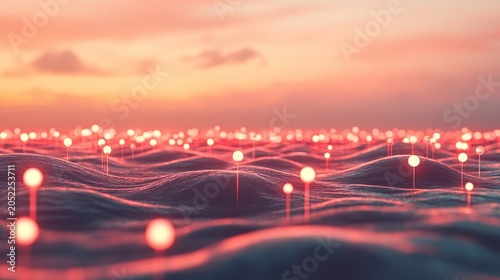 Glowing orbs emerge from undulating digital waves against a soft sky, representing a connected virtual reality.