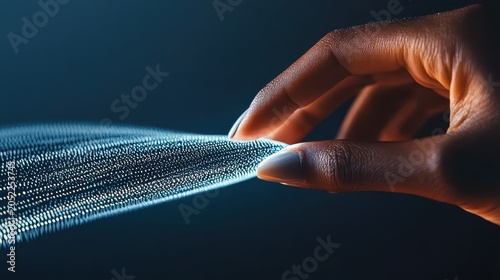 A hand touches a glowing digital wave of light particles, representing virtual worlds and data flow in the metaverse.