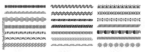 Borders in Ethnic Style. Aztec dividers, hand drawn tribal ornament. Hand drawn motive, doodle decoration. Boho stroke, scandinavian traditional native decor.