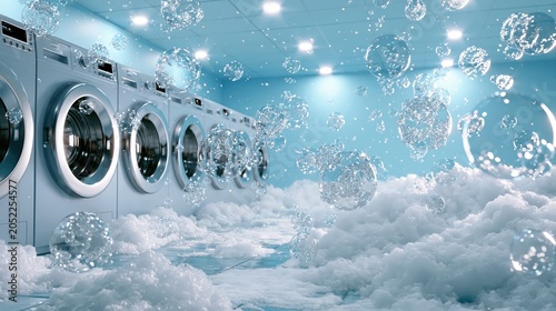 Washing machines in a bright blue laundromat with overflowing white foam and clear soap bubbles floating