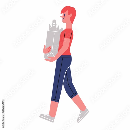 Animated girl walking with a grocery bag filled with fresh products, illustrating daily shopping, consumer habits and modern lifestyle