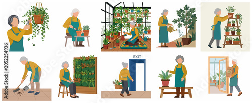 Photos Set of flat illustrations featuring a senior woman gardening, caring for house p