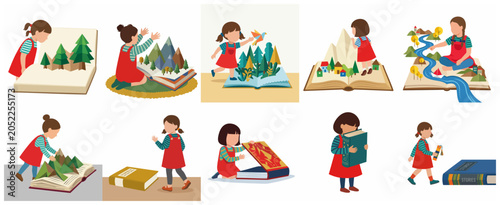Set of Illustrations of a Little Girl Exploring Magical Worlds Through Pop-up Books, Reading, and Discovering Stories to Spark Her Imagination