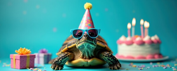 Turtle wears party hat and sunglasses near birthday cake and gifts. This animal celebrates special occasion with festive decorations and treats. It is a fun animal photo.