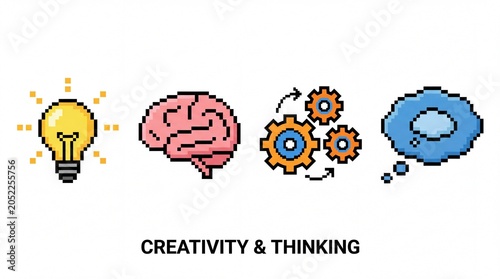 Pixel art icons depicting innovative ideas brain gears and thought bubbles isolated on white background