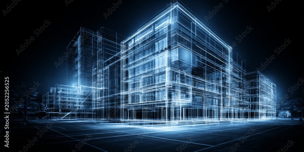 Fototapeta premium Futuristic Digital Blueprint of Urban Architecture Showcasing Modern Building Design with Neon Highlights in Dark Environment