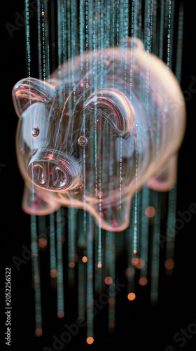 Transparent piggy bank floating with digital streams, futuristic finance, glowing, high fidelity, black background