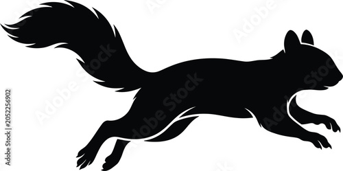 Bild auf Leinwand Black silhouette of a jumping squirrel in a dynamic profile pose showing agility against a clean white background for design
