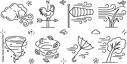 Fotografía Wind and weather icon set vector line art minimal style tornado storm meteorolog
