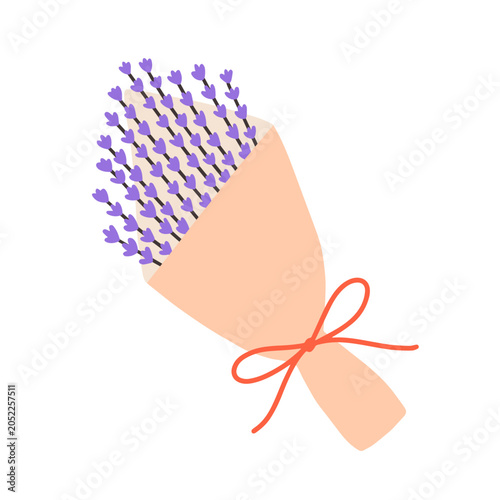 Lavender bouquet wrapped in paper, tied with string bow. Purple wildflower bu...
