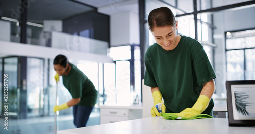 Photography Women, cleaning or office with detergent for hygiene, bacteria or germ removal in workplace