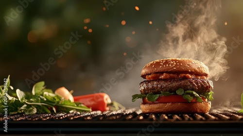 Juicy plant-based burger cooking on hot grill with steam and fresh greens beside it.