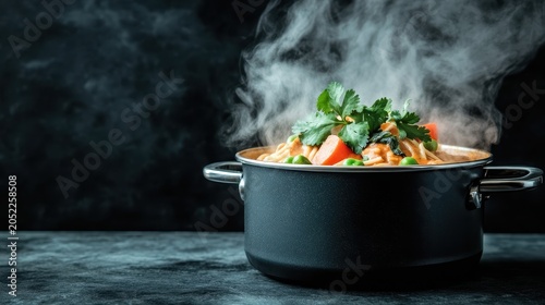 Steaming pasta with vegetables in a pot on a dark background, plant based eating.