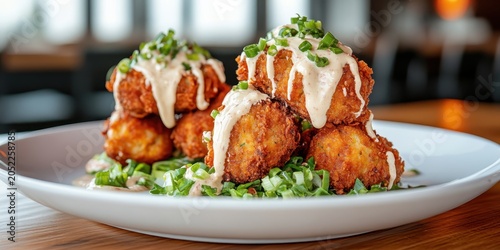 Crispy fried plant balls topped with creamy sauce and green onions served on a bed of shredded lettuce.