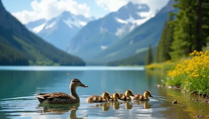 Mother duck and ducklings swim in a calm lake near rich green shore with yellow flowers. Snow capped mountains rise in background. Natural wildlife scene.