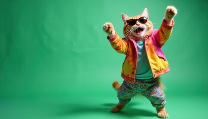 Orange cat wearing sunglasses and colorful jacket dances with arms raised. Feline has fun on green background, celebrates something, looks happy and energetic. Pet enjoys music party.