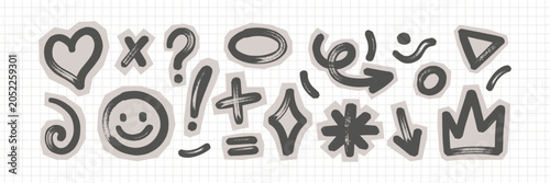 Hand-drawn brush marks and marker doodles form organic heart and  smile. Rough textures with bold strokes. Ideal for retro designs, scrapbook projects. Black vector illustration.
