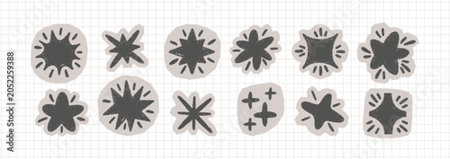 Vintage star collage elements with textured sticker designs, hand-sketched in crayon style for authentic scrapbook backgrounds and retro creative collage. Vector illustration.