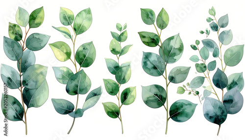 Green eucalyptus branches with leaves, watercolor illustration, natural botanical elements, delicate design