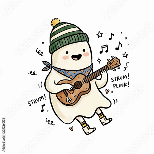 Schilderij op canvas Cute cartoon ghost playing ukulele with musical notes and starry decorations