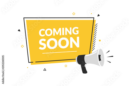 Megaphone with coming soon banner flat vector illustration on white background