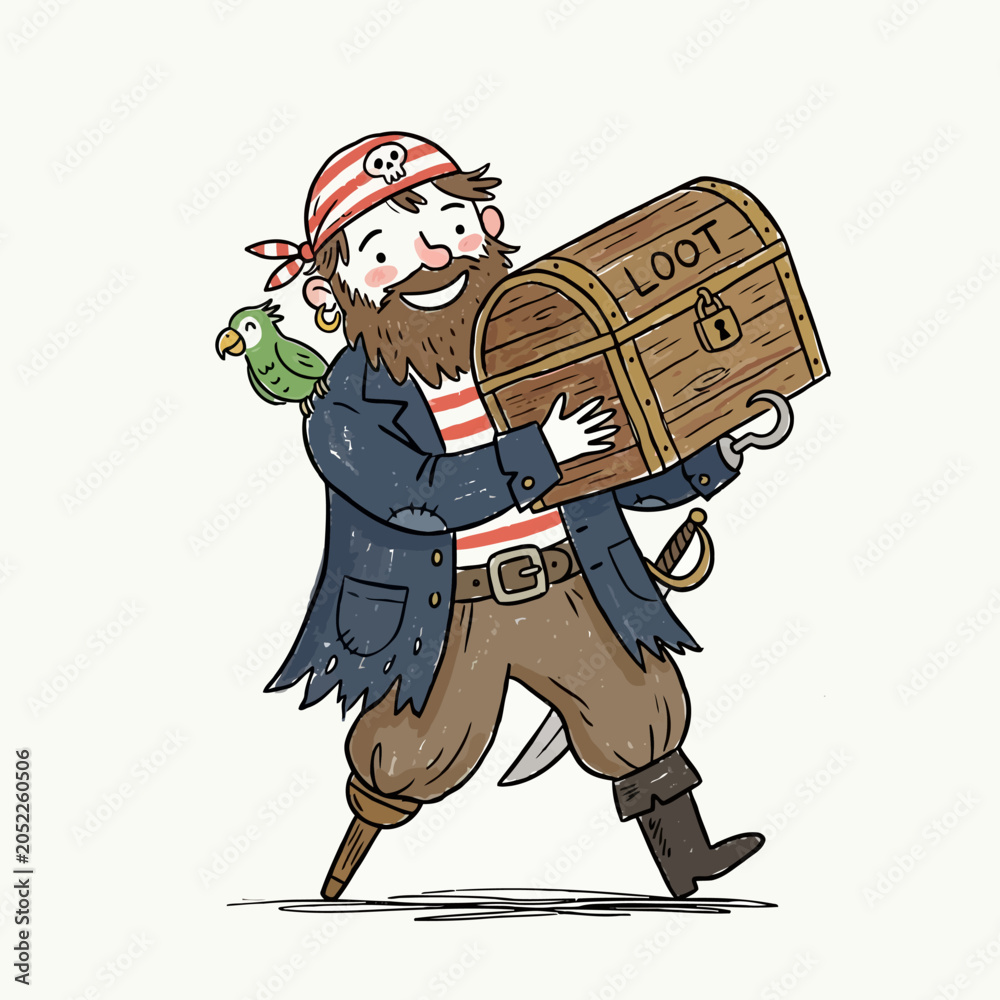 Naklejka premium Pirate with peg leg and parrot carrying wooden treasure loot chest illustration.