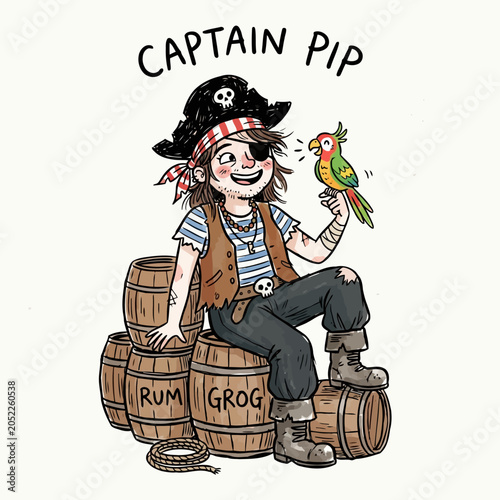Принти на полотні Cute pirate character with parrot sitting on rum and grog barrels illustration