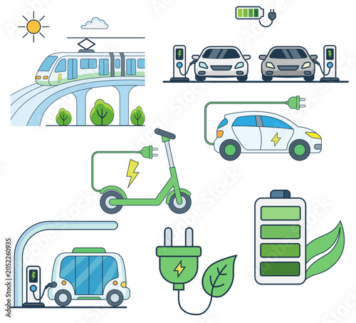 flat vector illustration of eco-friendly electric vehicles and green energy icons ideal for sustainability and clean technology concepts