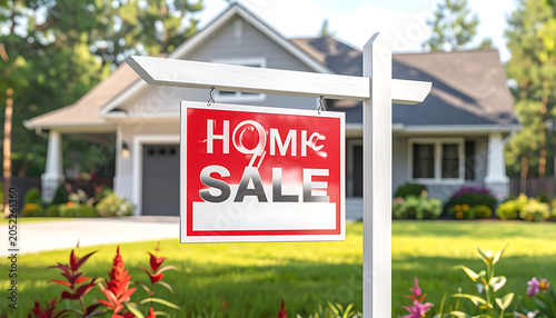 Home for sale sign in front of a suburban house, real estate market, property investment concept, selling a house