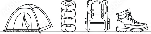 Foto Camping tent rolled sleeping mat backpack and hiking boots on grey background