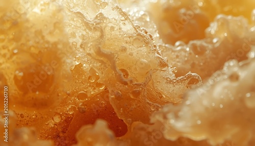 Macro closeup of golden honey or amber resin texture with air bubbles and viscous liquid flow