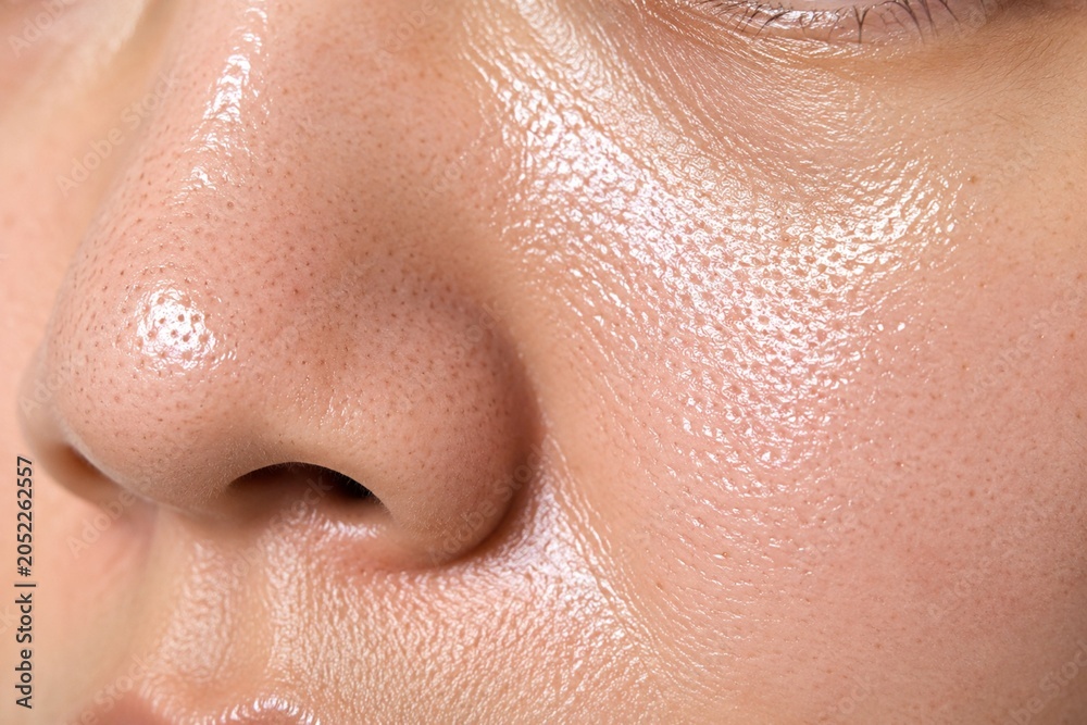 Fototapeta premium Close-Up of Oily Skin Around Nose with Visible Shine and Natural Texture