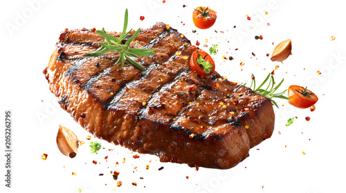 Grill Pork Chops, beef steaks, realistic 3d brisket flying in the air, isolated on a white background