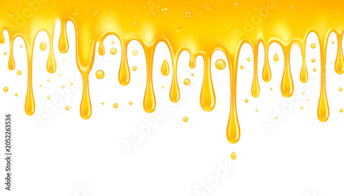 Golden honey dripping liquid border with small bubbles, sweet syrup flow on white background