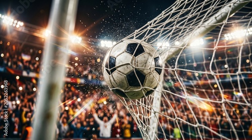 Soccer ball in goal, football stadium crowd, sports night game, goal net