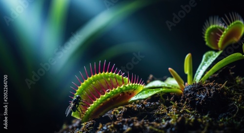 A close-up view shows carnivorous plants thriving on damp soil.