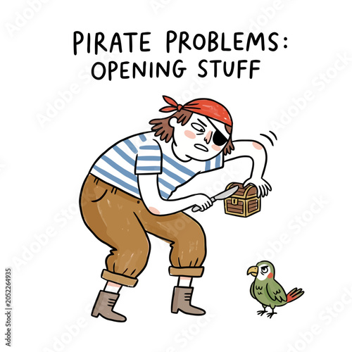 Fotografie Funny pirate struggling to open a small treasure chest with a butter knife illustration