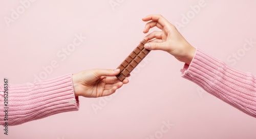 Two hands passing chocolate bar in pink background scene