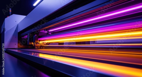A futuristic neon-lit machine hums in a dark room with vibrant purple and orange streaks.