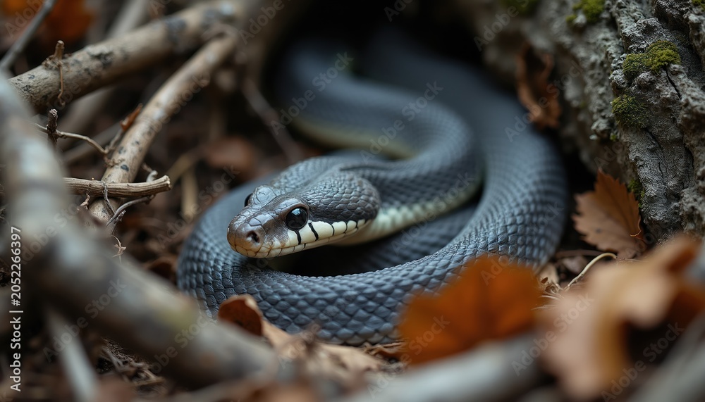 Fototapeta premium Dark snake coils in dry leaves near tree roots. Reptile hides in undergrowth outdoors, camouflaged in nature. Wild animal slithers slowly through forest floor environment, hidden danger concept.