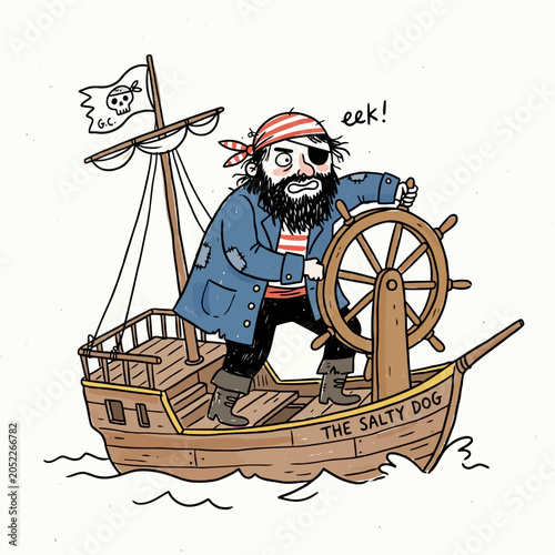 Foto Frantic pirate steering old sailing ship named Salty Dog.