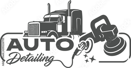 A large truck is being detailed with a polisher outdoors on a sunny day