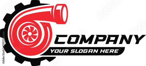Foto A professional vector logo design featuring a stylized red turbocharger integrated with a black gear, paired with bold typography for a modern automotive performance or tuning shop