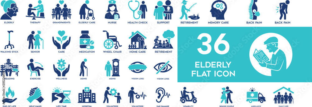 Fototapeta premium A comprehensive collection of flat vector icons illustrating various aspects of elderly care, senior living, health, and medical support services in a blue and teal color scheme.