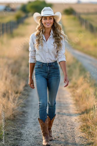 a cowgirl walking down a quiet dirt country road during late summer afternoon