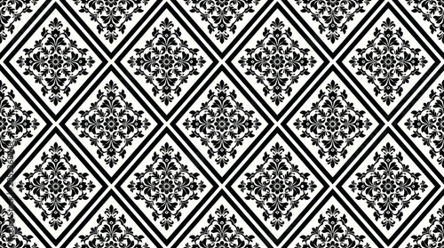 Bild auf Leinwand Monochrome diamond patterned textile design with ornate floral motifs