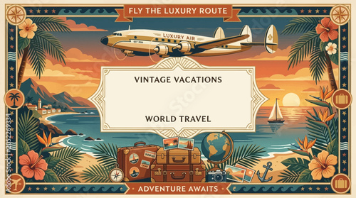 Cuadro en lienzo Luxury vintage travel poster background, elegant retro aircraft, travel memorabi