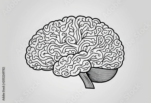 Monochrome vector design of a human brain conceptualizing medicine, science research, and intelligence